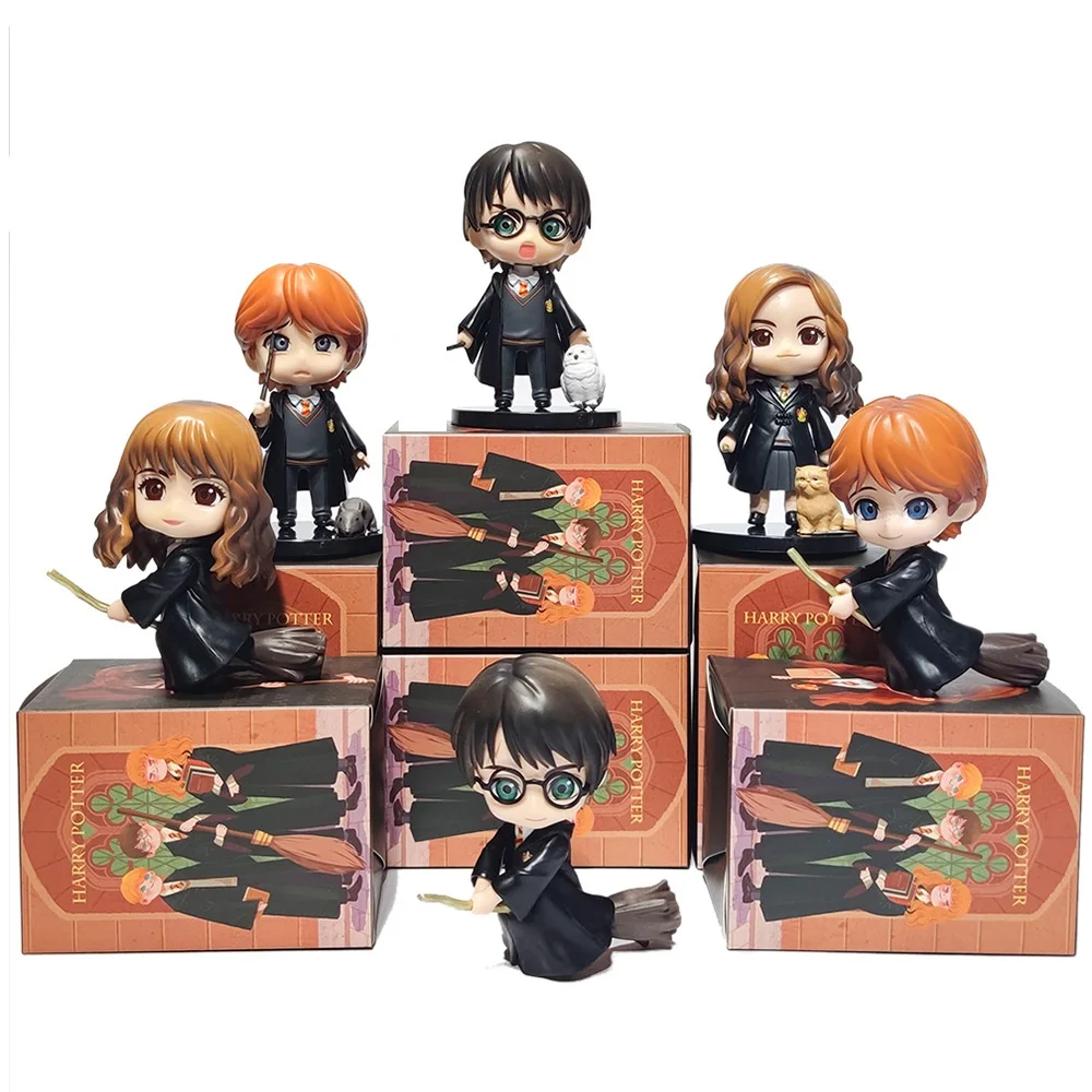 

6PCS Harry Color Box Ornament Doll Wizard Hermione Ron Figure Peripheral Model Wand Flying Broom Figure Ornament Doll