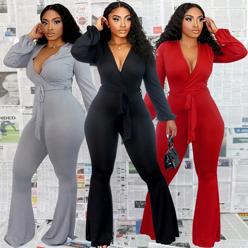 

Irregular Bind High Waist Jumpsuits V-neck Horn Women Flared High Waist Trousers Bell Bottom Stacked Pants Jumpsuit, Customized color