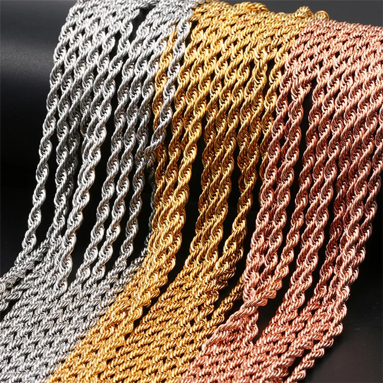 

Hip Hop Jewelry Necklace Vacuum Color Preservation Plating Plain Chain 3MM Stainless Steel Twist Chain, Picture shows