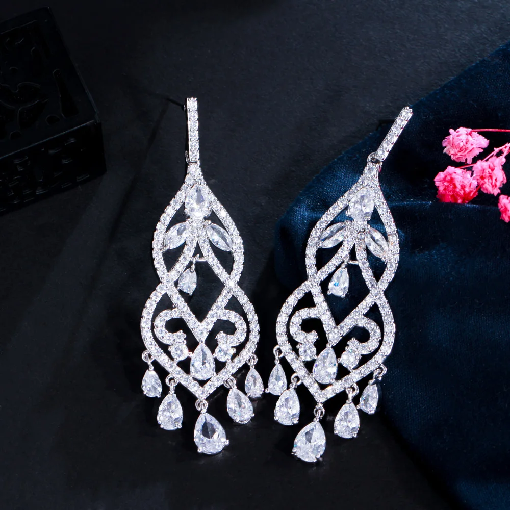 Dark Blue Cubic Zirconia Crystal Long Dangling Drop Earrings for Women Silver Plated Vintage Ethnic Wedding Party Jewelry