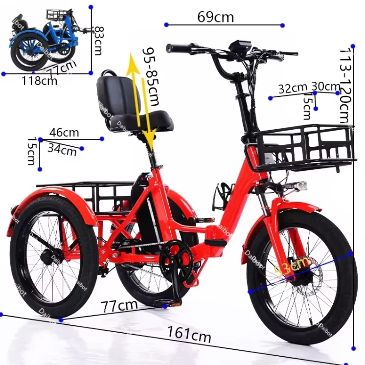 350W Fat Tire Blue Small Electric Tricycle Folding Adults 3 Wheel Cargo Booster Removable Lithium Battery Brushless Motor