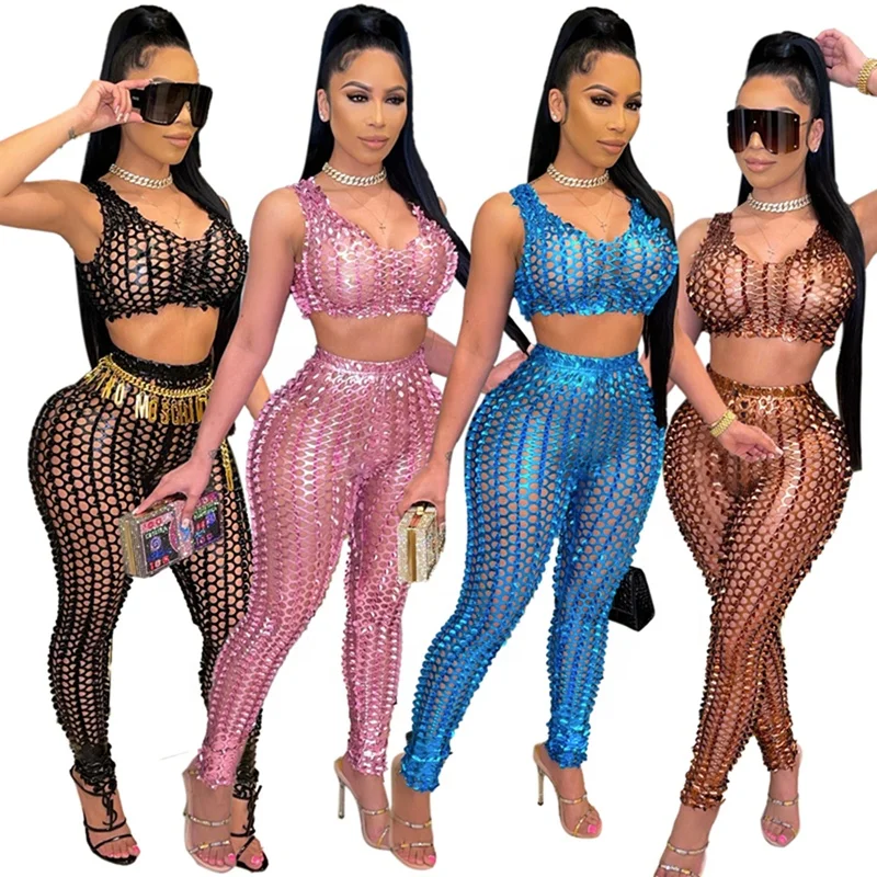 

2021 Hot Sale Faux Leather Punch Hole Two Piece Club Outfits For Women Sexy