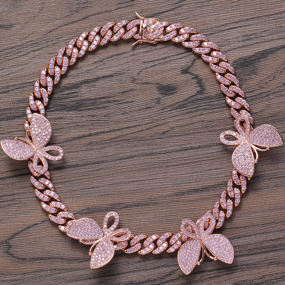

BC113 12mm 14" 16" 4 butterfly Cuban Link Chain brass setting Zircon Necklace Iced Out Cubic Zircon Bling Bling