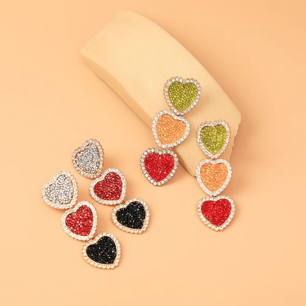 

Amazon Hot Selling Silver Plated Full Colorful Cubic Zircon Heart Earrings Shiny Mix Color Diamond Heart Drop Earrings