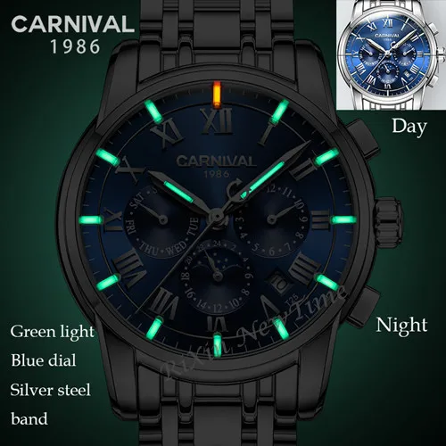 

Carnival 9051 watch men Switzerland luxury brand moon phase Tritium luminous military mechanical men watches full steel clocks