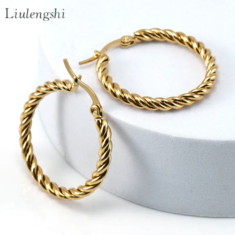 

Vintage French Style 18K PVD Gold Plated Round Twisted Earring Geometric Stainless Steel Circle Twist Hoop Earrings for Women