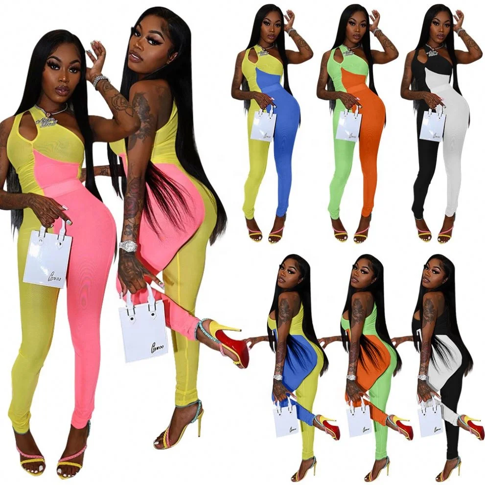 

New Arrival Casual Color Blocking Patchwork Rompers summer sleeveless diagonal shoulder jumpsuit pants, As picture or customized make