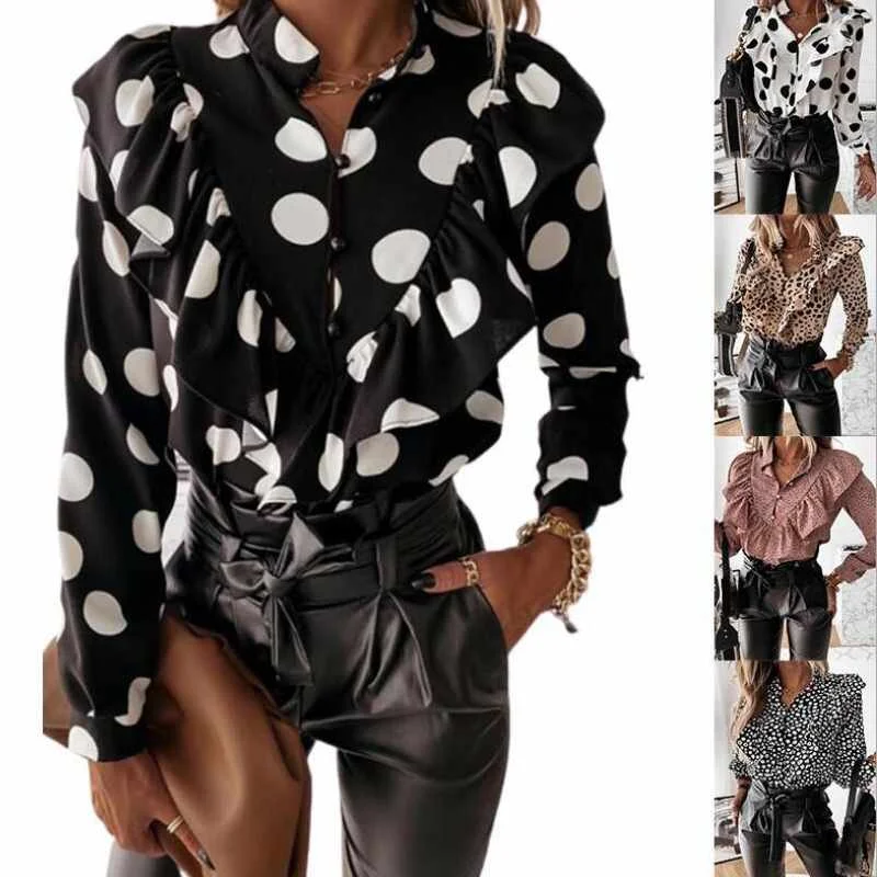 

Europe and America autumn new polka dot printed long sleeve V-neck shirt blouse