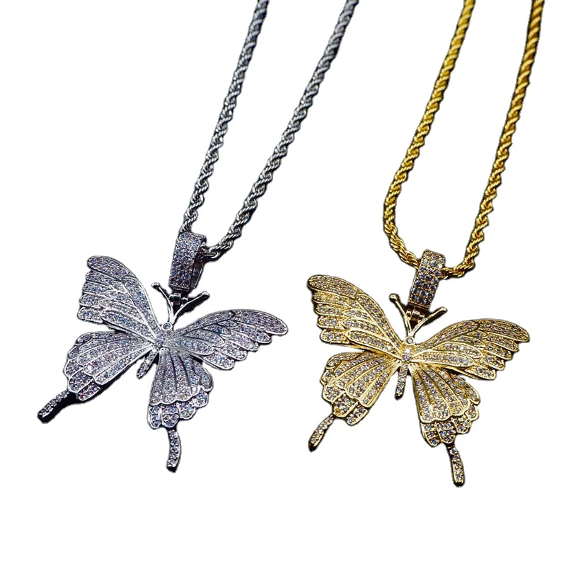 

Women Hip hop iced out butterfly pendant with tennis chain with cuban chain chokers Hiphop jewelry fashion gifts