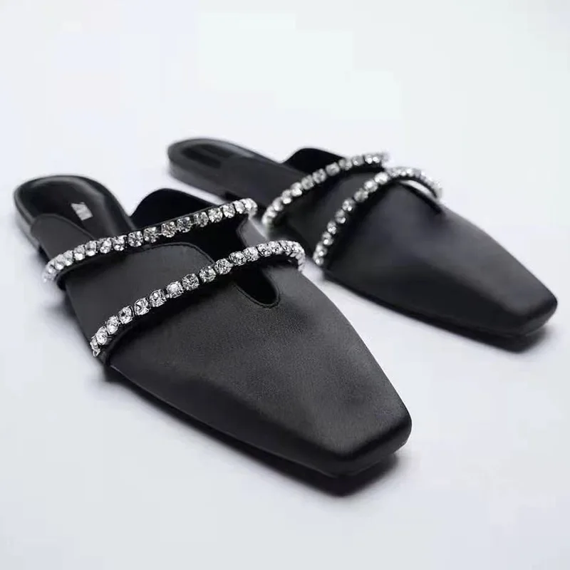 

Brand shoes women v cut flats slippers rhinestone decor ladies sliders faux suede closed toe slip on female loafer mules