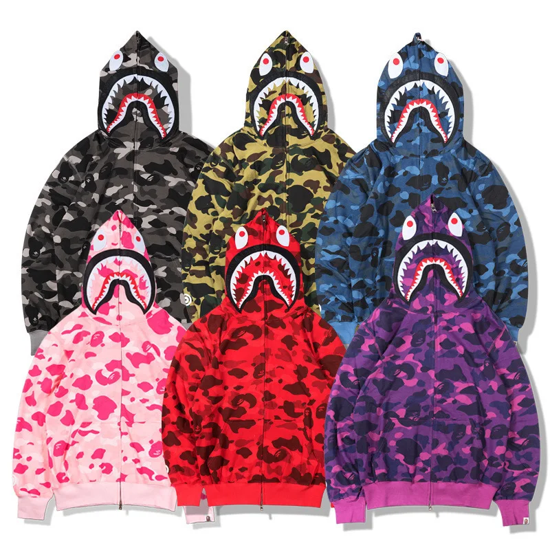 

High Quality Camo Sweatshirt Unisex Teenage Jacket Full Zipper Fleece Coat Oversized Bape Shark Camouflage Men Hoodies, Customized color