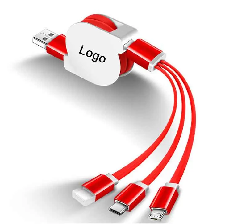 

Factory customized gift usb cable portable mini phone Light Micro Type C 3 in 1 flat retractable charging cable, Red,blue,black,purple,orange,white,green