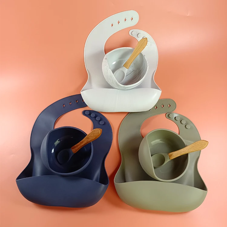 

Amazon top seller baby product BPA Free Custom printed washable Baby Bibs suction Bowl Spoon Set soft Silicone Bib Feeding Set