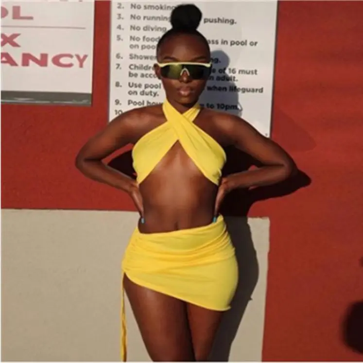 

tops skirt sexy 2 piece set women summer 2021 Short Crop Top Mini Skirt Female Fashion Clubwear 2 piece set women skirt yellow