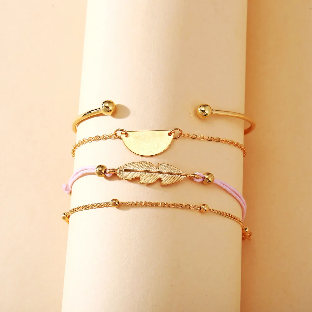 

4pcs/set gold plated alloy feather bracelet sets for women