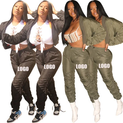 

Custom Logo Lady Outfit Ruched Stacked Jogger Sets Women Two Piece Coat Jacket And Pants Set fall 2021 women clothes