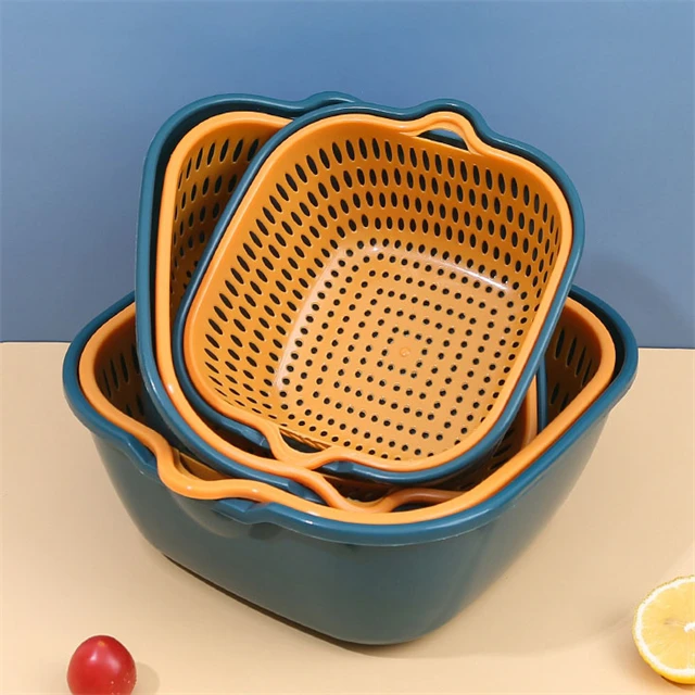 

J629 Home Kitchen 2 in 1 Double-Layer Storage Drain Basket Stackable Plastic Washing Fruit Vegetable Sink Colander Basket Set, Stock or customized