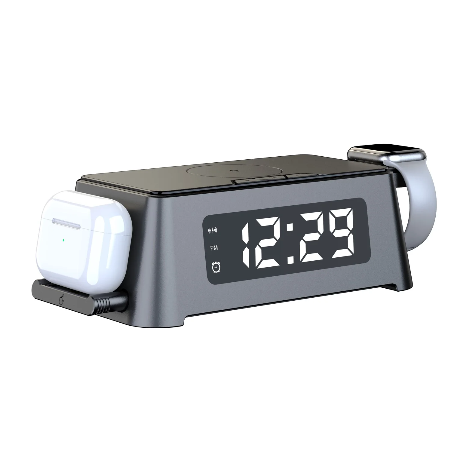 

New Trending 4 in 1 Fast QI Wireless Charging Alarm Clock Station for IPhone tws Earbuds And Magnetic Charger for Watch