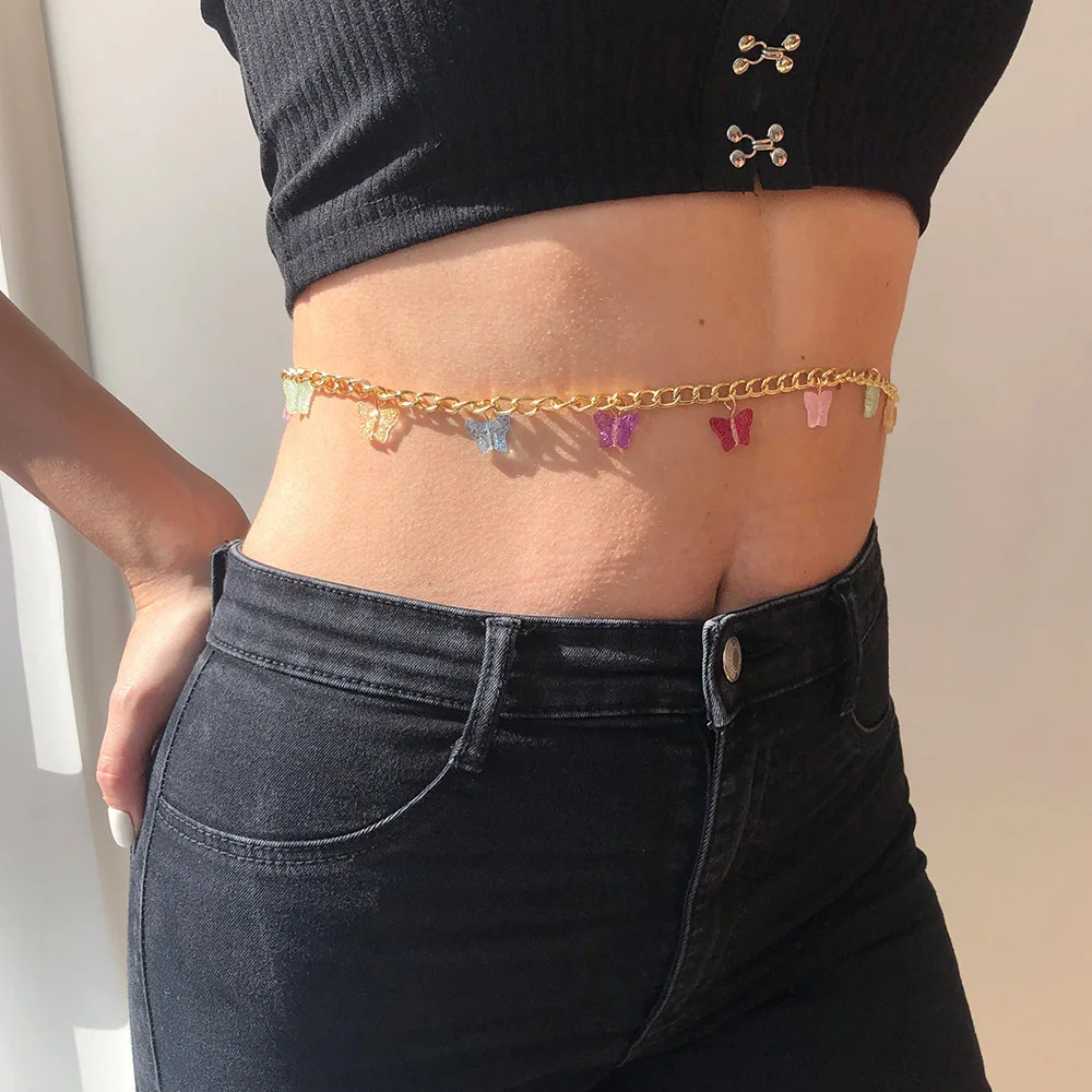 

2021 Fashion Summer Trendy Body Accessories Alloy Resin Designer Sexy Women Butterfly Waist Chain, As picture