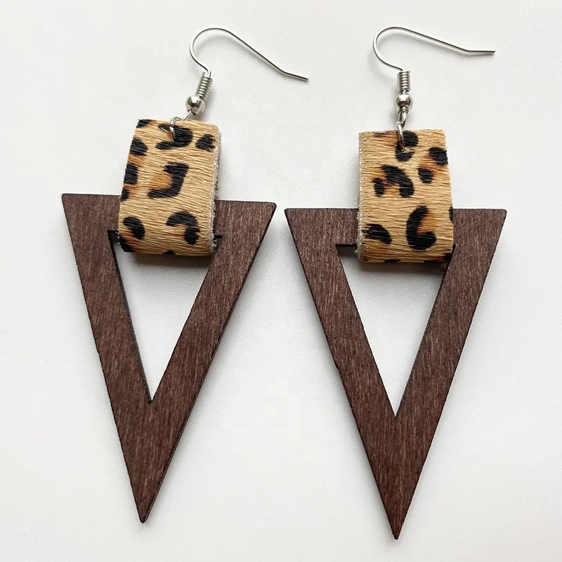 

Retro Bohemian Geometric Wooden Leopard Print Genuine Leather Triangle Earrings, Picture shows