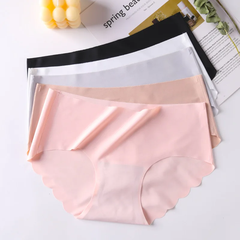 

Women Seamless Briefs Female Sexy Underwear Wave Macrame Solid Color Underpants Ladies Ice Silk Lingerie