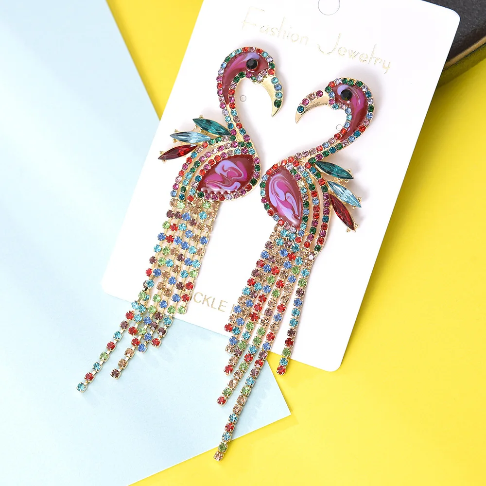 

New Arrival Exaggerated Shiny Full Crystal Flamingo Pendant Earrings Colorful Zircon Tassel Flamingo Pendant Animal Earrings