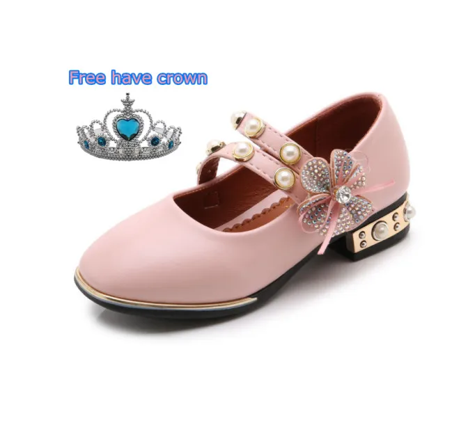 

Fashion Trend Children Kids Girl Dress Shoes Jewel Princess High Heel Shoes With Crown For Free, Pink/black/beige