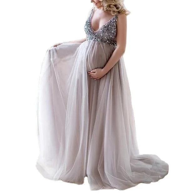 

Latest Design Sexy Women Pregnant Sling V Neck Sequin Party Gown Pregnancy Dress For photography Wedding Dress Maternity