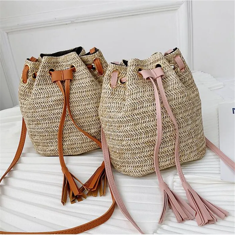 

2021 Drawstring Women Straw Bucket Bag Summer Woven Shoulder Bags Shopping Purse Beach Straw Handbags Travel Bag, Picture color