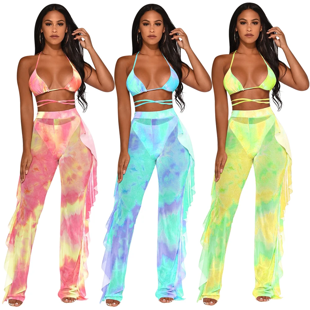 2 piece outfit Women sexy swimsuit bikini top and Perspective Sheer Mesh Ruffle long Pants