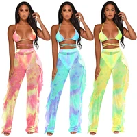 

2 piece outfit Women sexy swimsuit bikini top and Perspective Sheer Mesh Ruffle long Pants