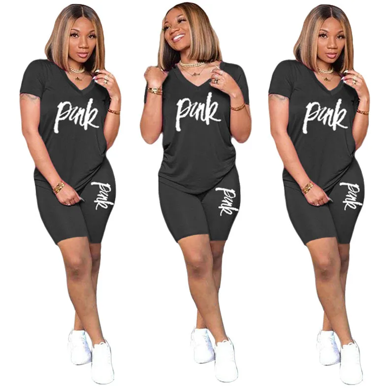 

EB-20041517 Wholesale summer 2-pack letter short T-shirt printing fitness sports high stretch female shorts 2 piece set women