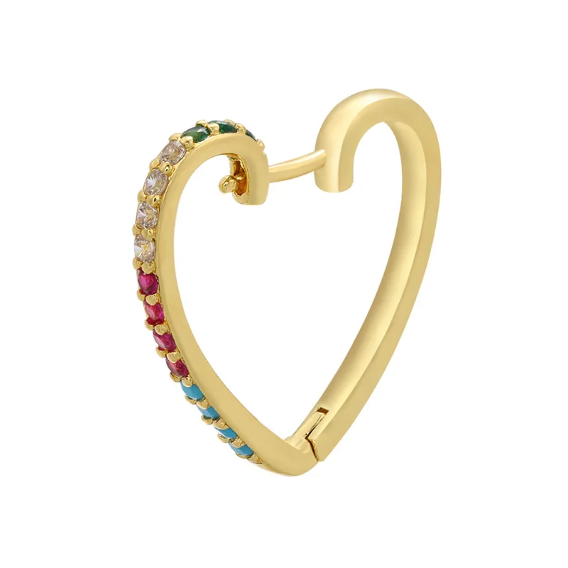 

Fancy Exquisite 18K Gold Bling Rainbow CZ Zirconia Heart Hoop Earrings Luxury Color Crystal Heart Clip On Earring For Women