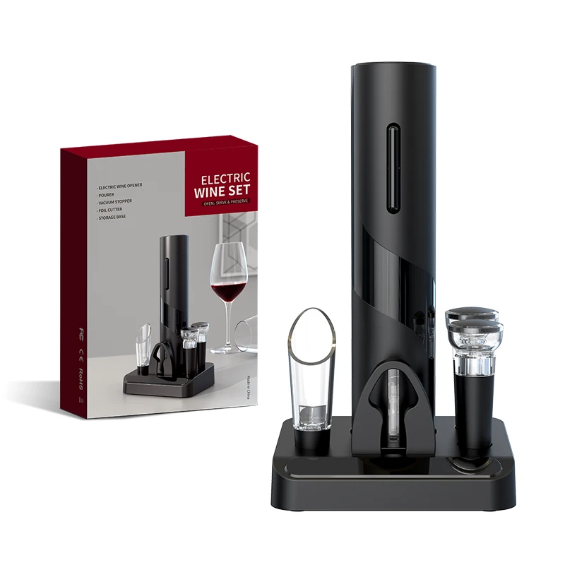 

5-IN-1 Electric Corkscrew Pourer And Stopper Bottle with Base Custom Logo Sets Wine Opener Set