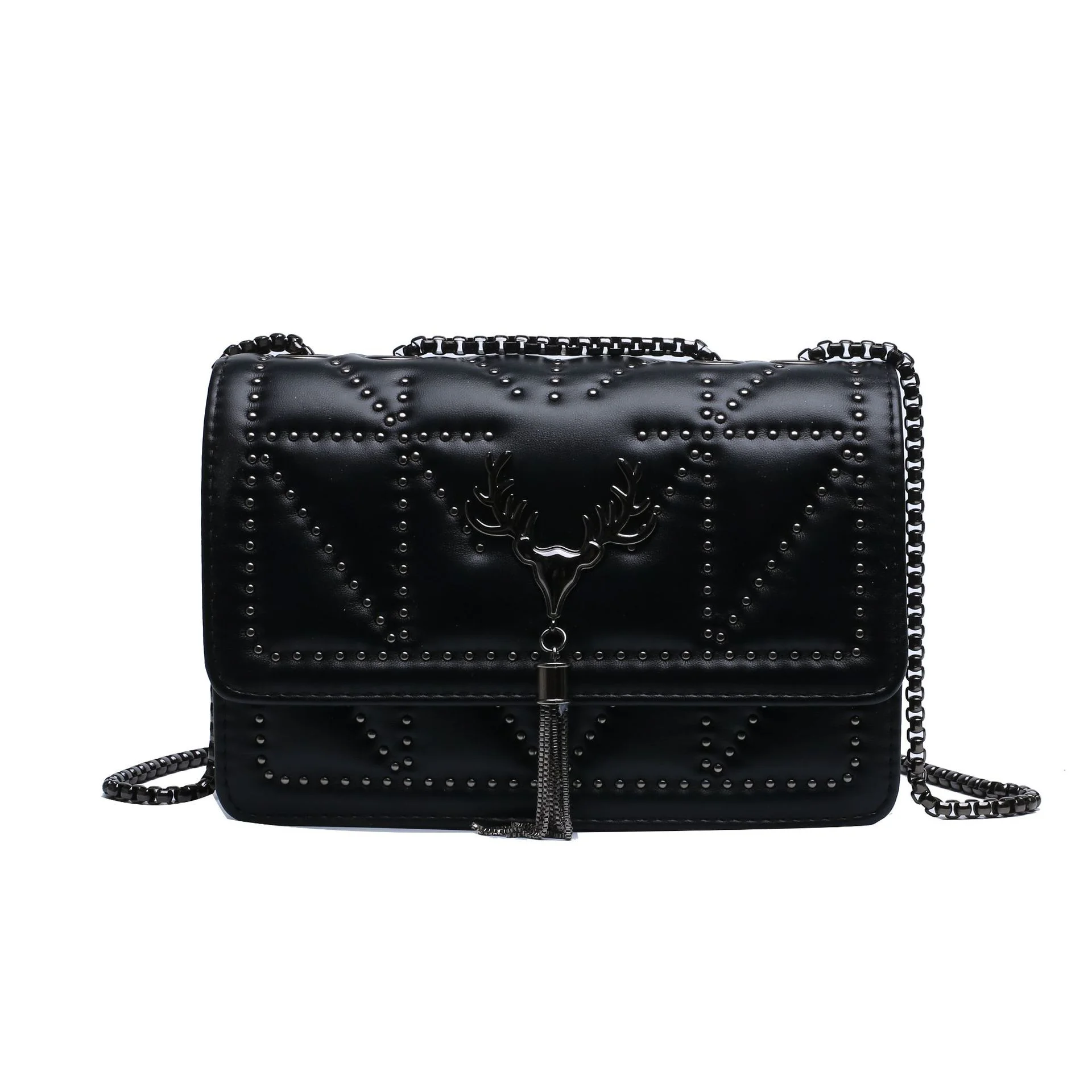 

2021 new simple fashion trend handbag chain shoulder messenger bag rivets ladies fringed small square women bag