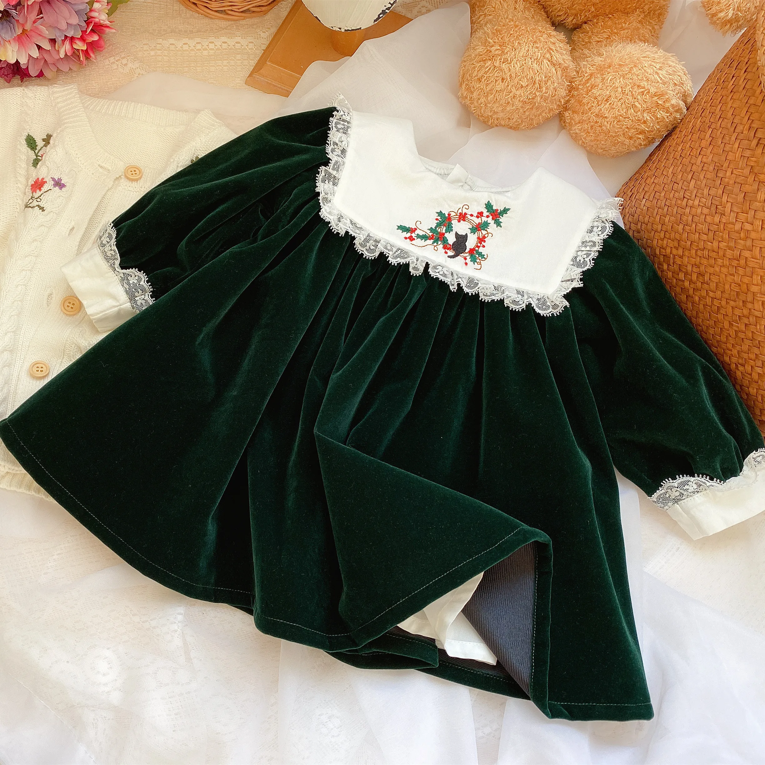 

69838 baby dresses for girls spanish velvet green long sleeve wholesale kids clothing children's clothes