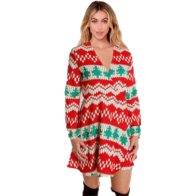 

Wholesale ladies casual dresses long sleeve knee length deep v Christmas dress for women clothing, 8 colors