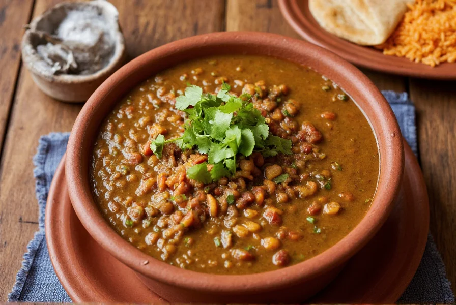 Traditional Mexican chili verde served in a clay bowl with rice, beans, and warm tortillas on a wooden table