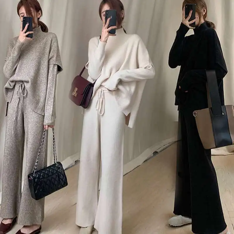 

Factory wholesale knitted wide leg pants suit winter new fashion sweater three piece suit female
