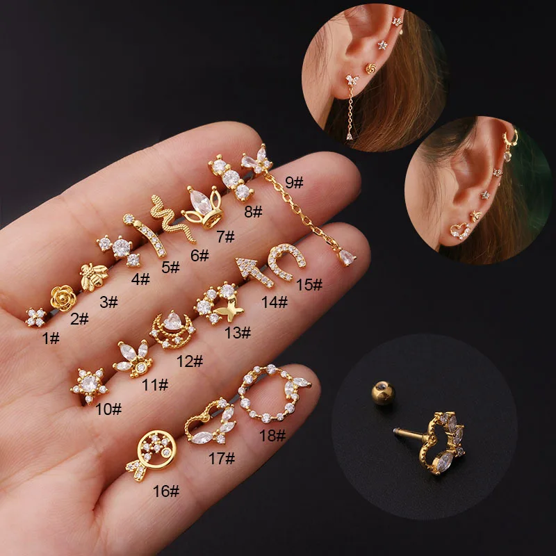 

YW 16G Stainless Steel CZ Ear Cartilage Earring Stud Helix Tragus Lobe Piercing Gold Jewelry