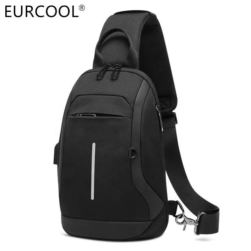 

Eurcool Fashionable Zipper USB Charging Oxford Cross Bag Men Crossbody Canvas Messenger Chest Sling Bag, Black or gray