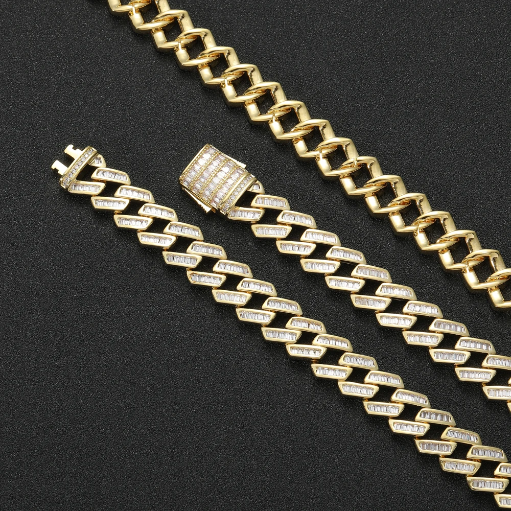 

BC022 12mm Brass CZ chain prong setting zircon cuban link Chain Necklace iced out Bling Bling hip hop Jewelry