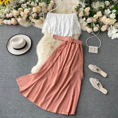 

2020 Arrivals Ladies Suits Lace Blouse High Waist Skirt Women Clothing Two Piece Sets