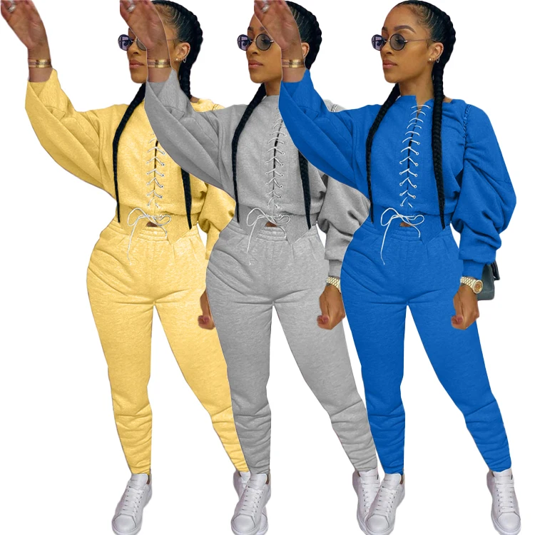 

Womens Fall Apparel 2020 Clothing Trendy Splice Two Piece Jogger Hoodies Set Bandage Outfits 2 Piece Sweatshirts And Pants Set, As picture