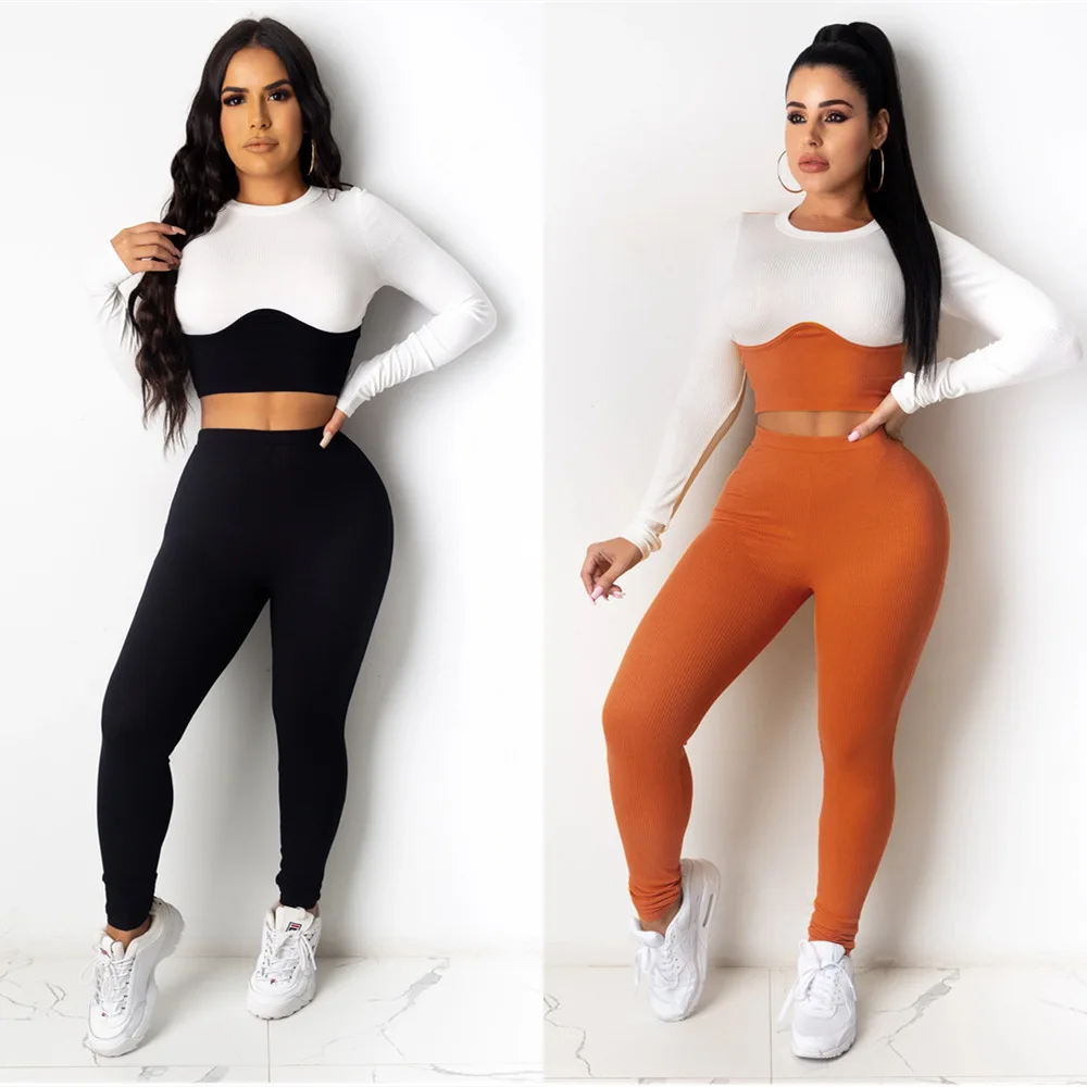 

2021 New Two-Piece Jogging Suit Casual Printing Pit Round Neck Stitching Tight Sports Women