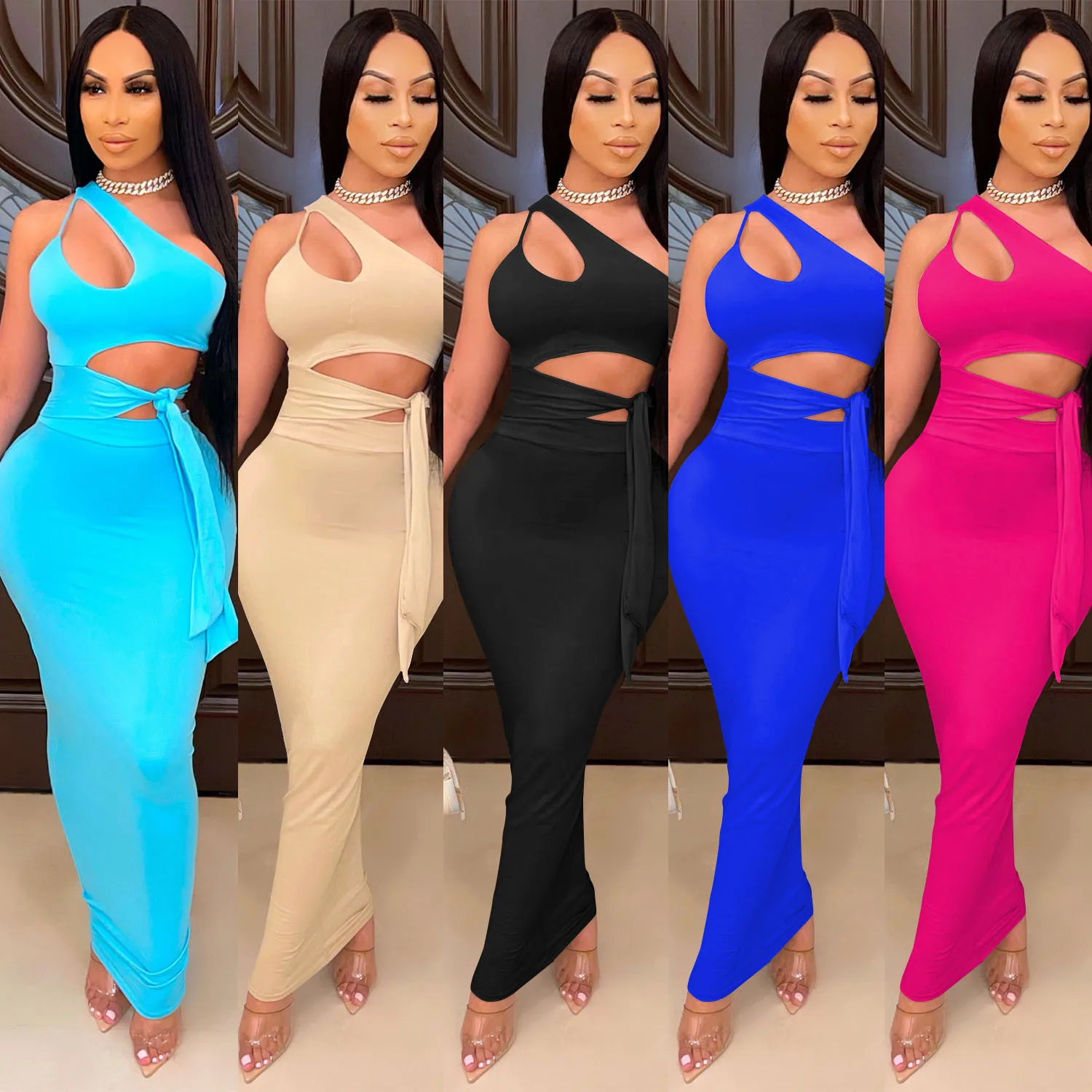

2021 summer one shoulder bandage maxi dresses sexy casual bodycon cut out long dress women