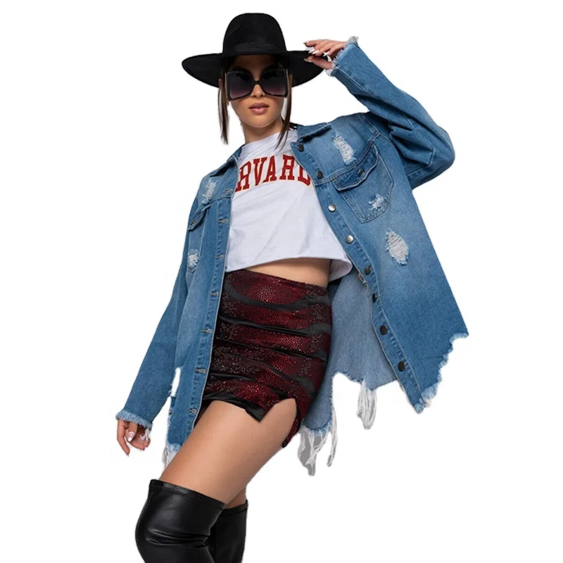 

2021 Best Blue Long Distressed Ladies Jean Jacket Women
