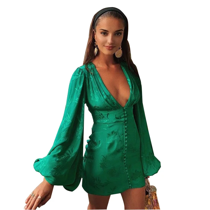 

Vintage Single-breast Dress For Woman Autumn Long Sleeve Deep V-neck Slim Dresses Elegant Lantern Sleeve Female Dress, Green