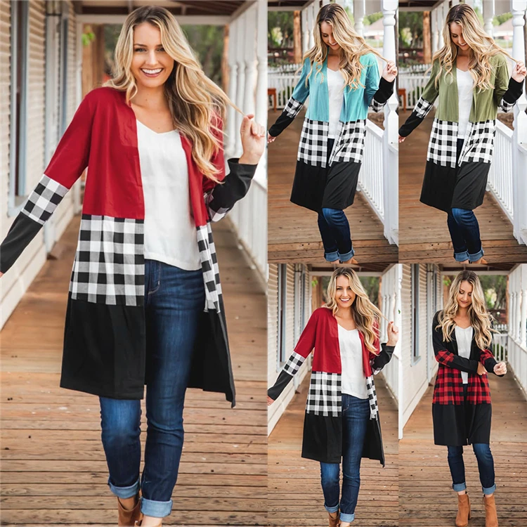 

W8592 Fashion knitted women long sweater autumn cardigan lattice