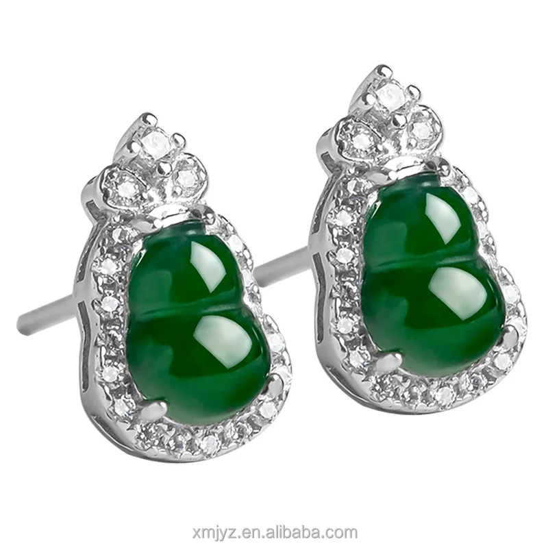 

Certified Grade A S925 Silver Inlaid Natural Jade Gourd Yang Green Ice Jade Stone Stud Earrings Fashion Earrings